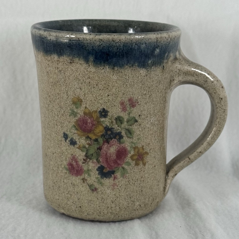 Chippendale by Monroe Salt Works Ceramic‎ Coffee Mug Blue Rim Floral Granny Chic